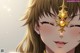 Anime girl with long brown hair and a gold star on her forehead.