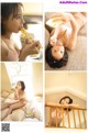 A collage of photos of a woman in lingerie eating food.